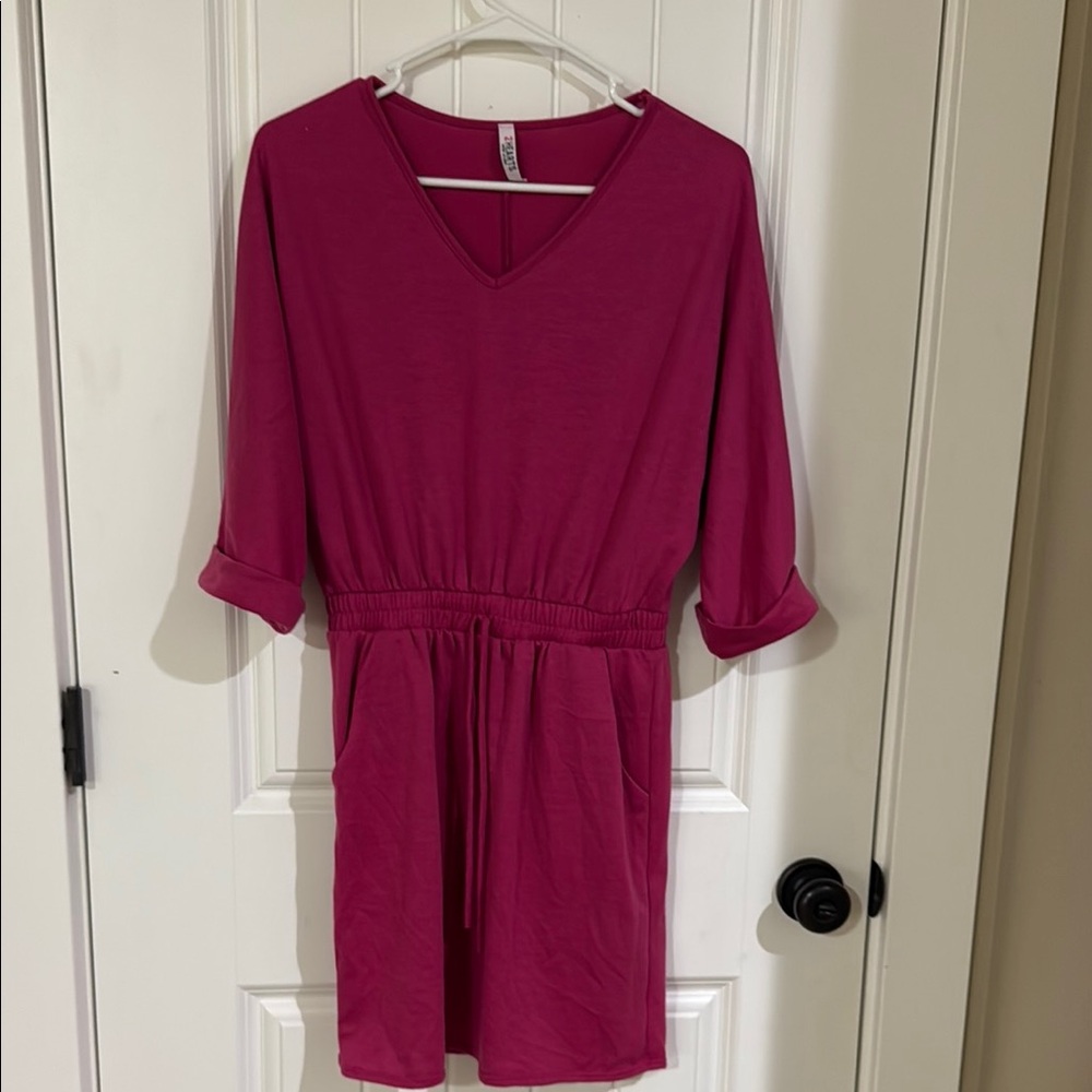 Pink V-Neck Dress with Rolled Sleeves